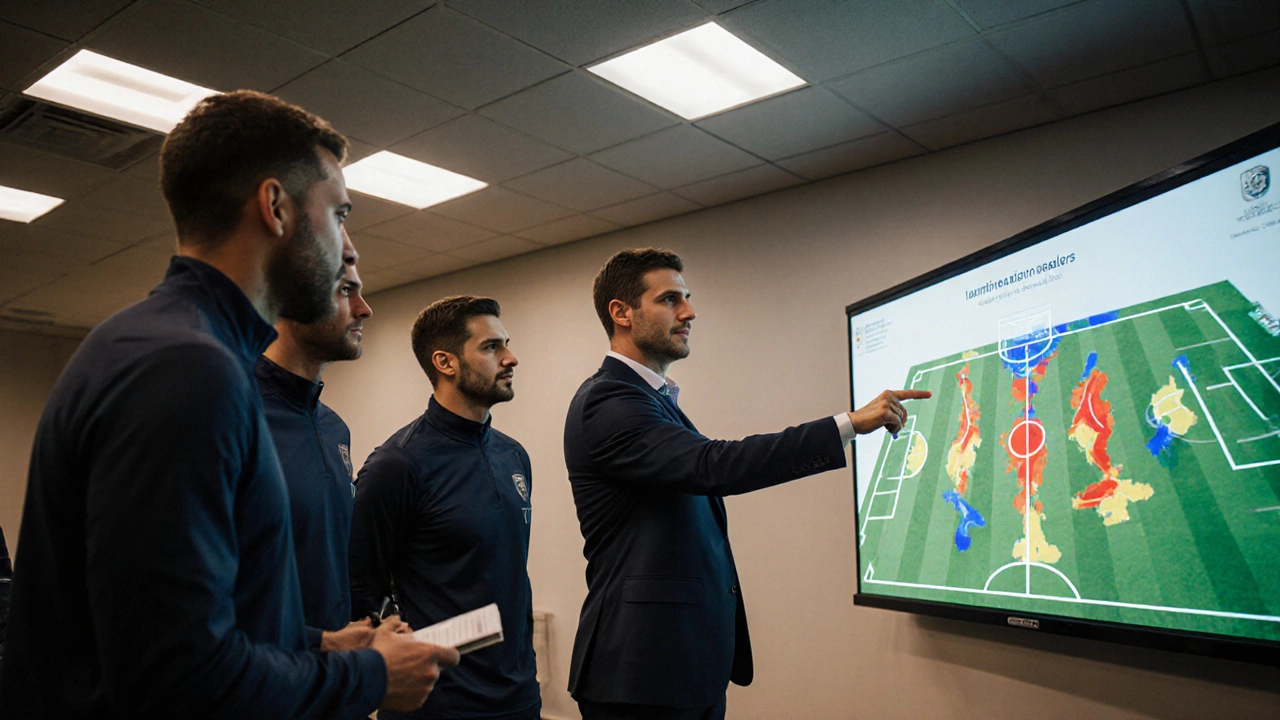 Аналитик показывает тактическую карту тренерскому штабу перед матчем.