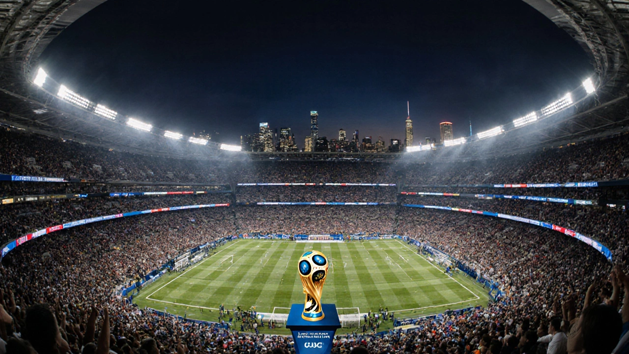 Финал ЧМ-2026 на стадионе МетЛайф, Нью-Джерси, огни стадиона, толпа, трофей на фоне небоскрёбов Нью-Йорка.