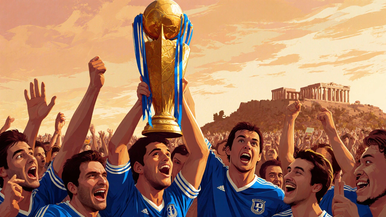 Греческая команда поднимает трофей Евро 2004, на фоне вечернего Акрополя и радостных болельщиков.