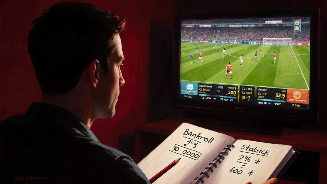 Игрок следит за живым матчем, рассчитывая ставку 2 % от банкролла, записывая в блокнот.