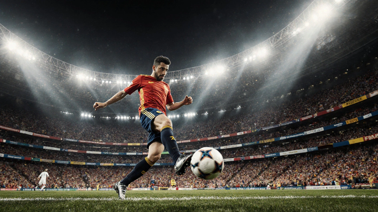 Испанский игрок в момент удара по мячу на финальном матче Евро 2012 в Киевском стадионе.