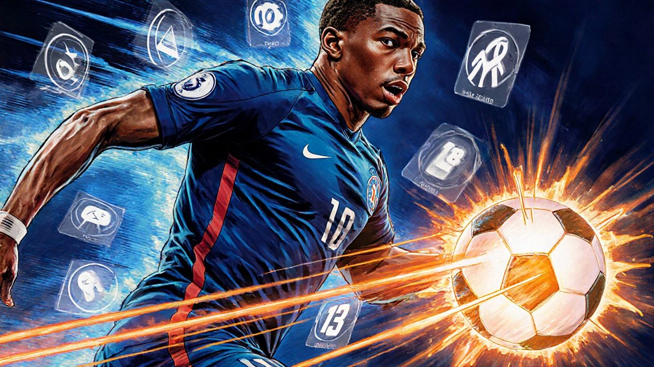 Килиан Мбаппе в полёте за мячом, окружённый светящимися следами голов и ассистов.