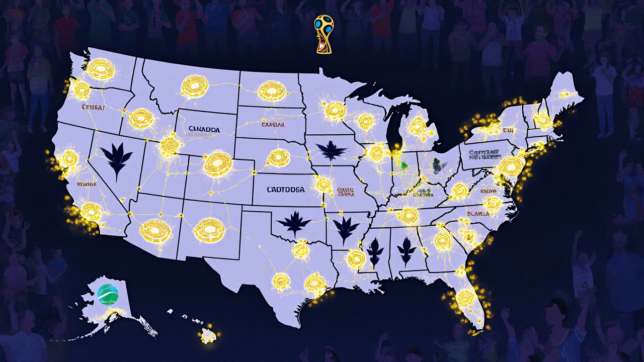 Континентальная карта США, Канады и Мексики с 16 стадионами и путями сообщения, символизирующая единый чемпионат мира.