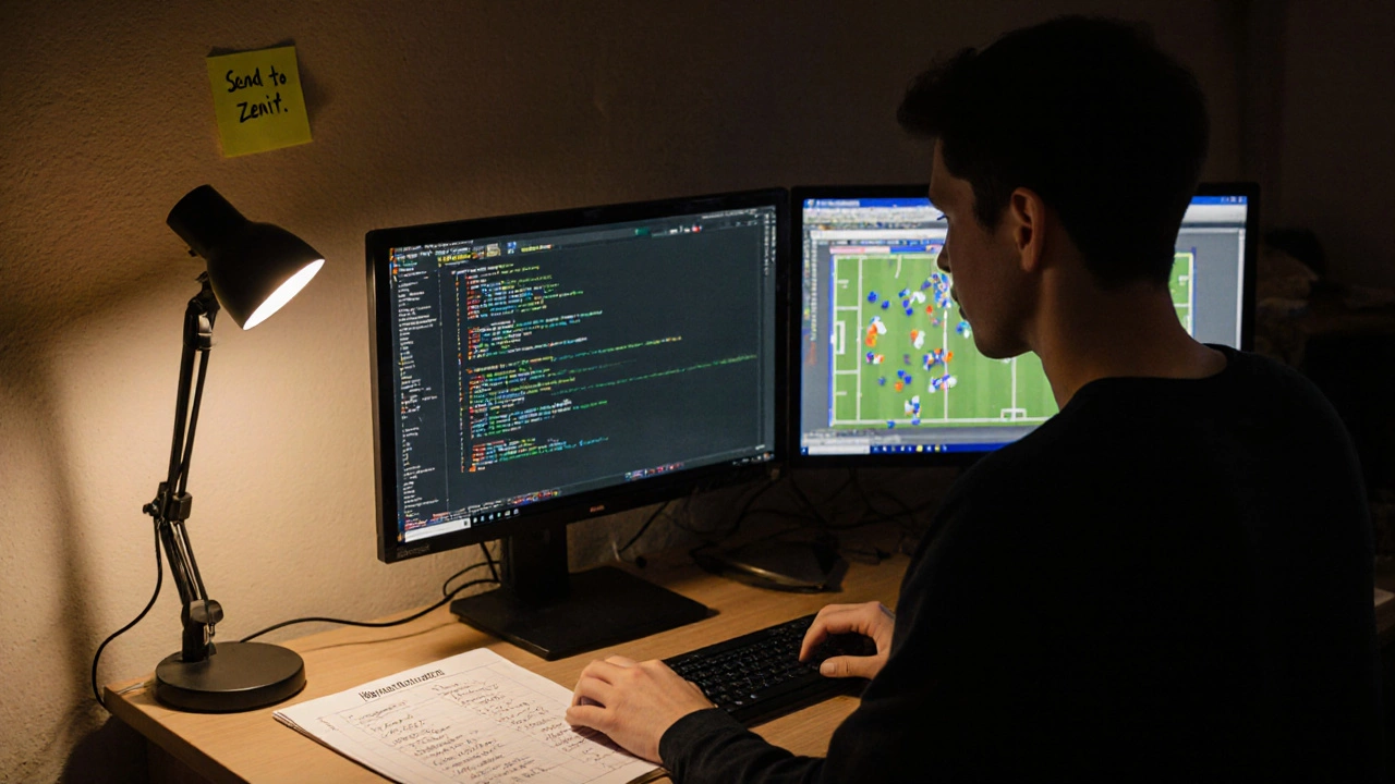 Молодой аналитик работает за домашним столом с кодом и графиками на экранах.