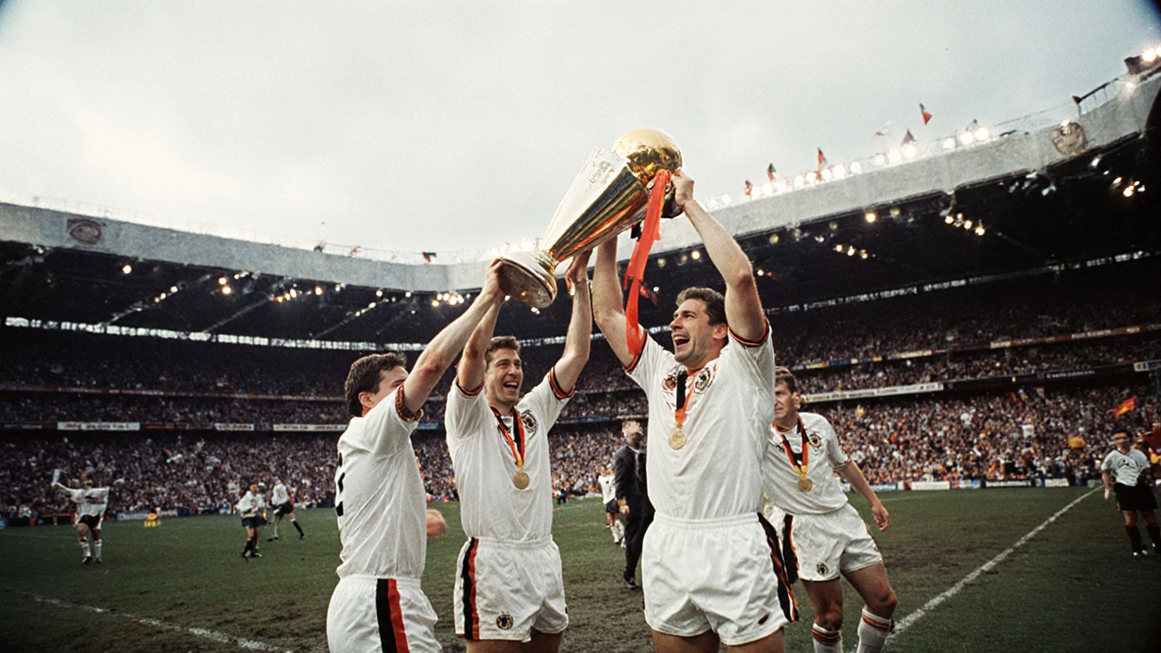 Немецкая сборная празднует победу в ЕВРО-1996 на стадионе Уэмбли.