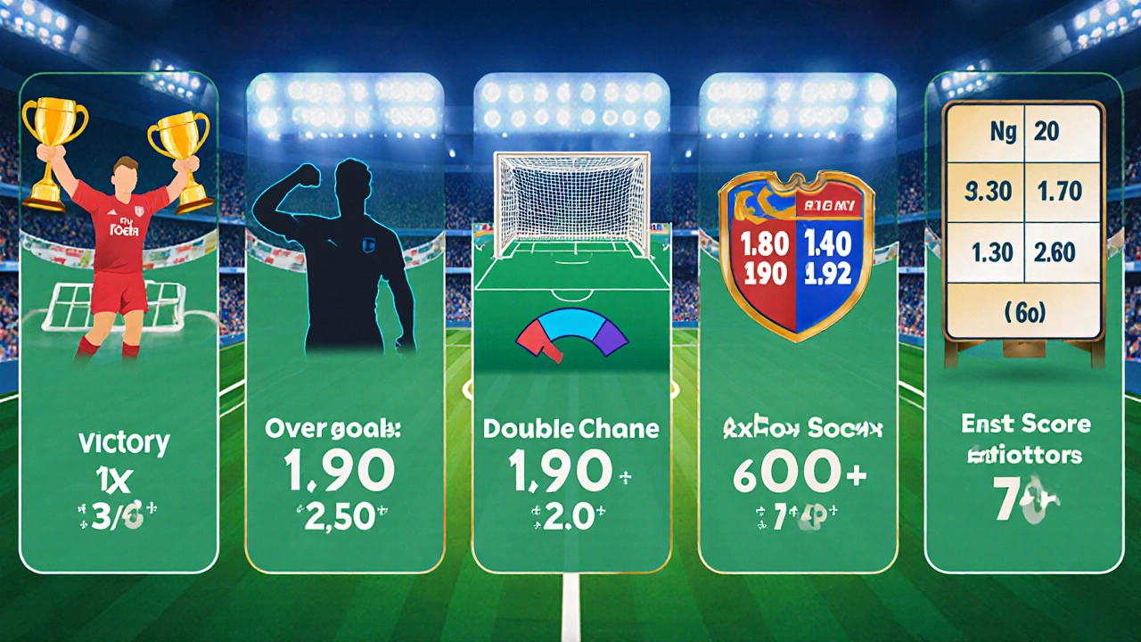Панели показывают разные виды футбольных ставок с визуальными элементами и коэффициентами.