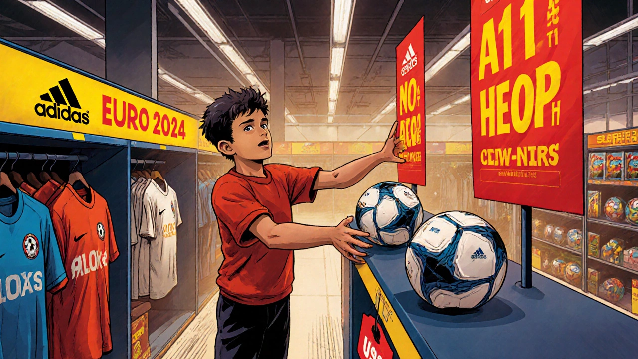 Покупатель выбирает мяч Euro 2024 в спортивном магазине.