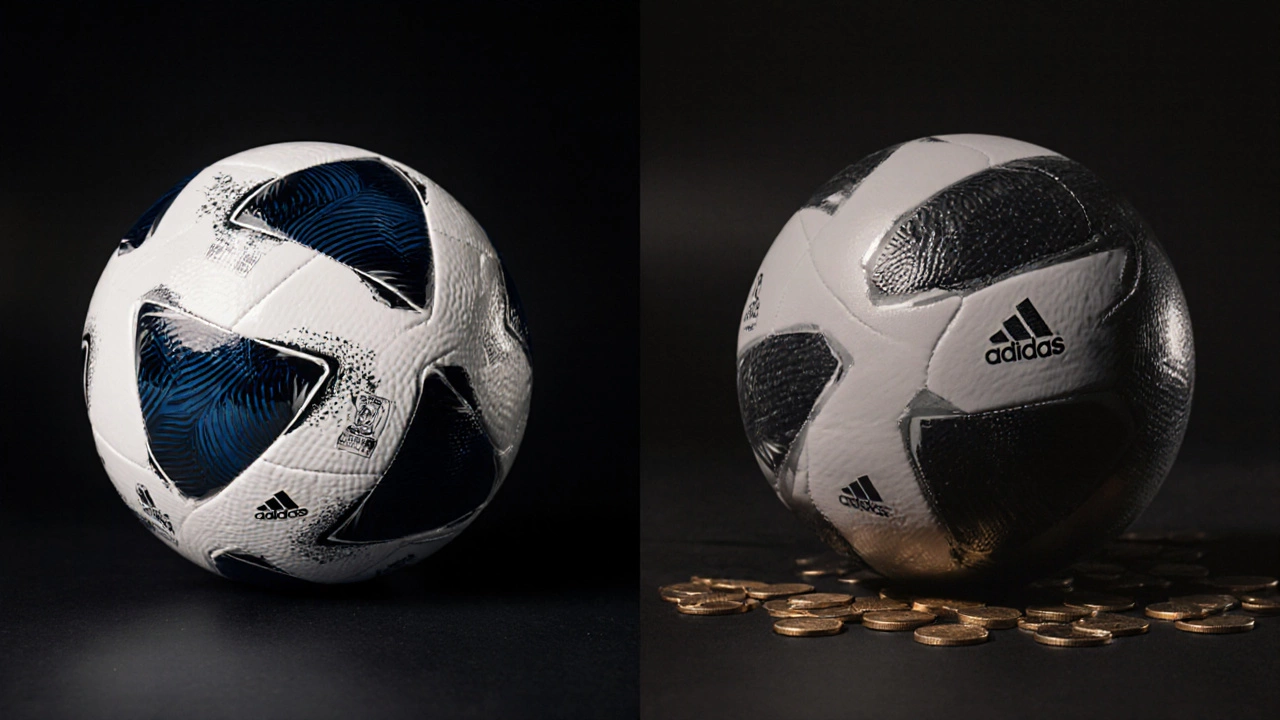 Сравнение официального мячa и обычной реплики рядом друг с другом.