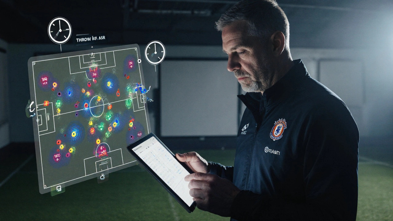 Тренер анализирует карты аутов на планшете в тренировочном зале.