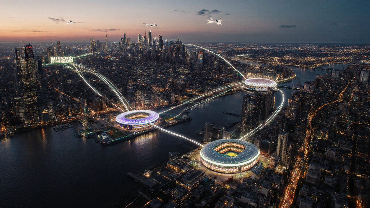Аэрофото трёх городов-хозяев ЧМ-2026: Нью-Йорк, Монреаль и Мехико с их стадионами, соединёнными световыми дорожками.
