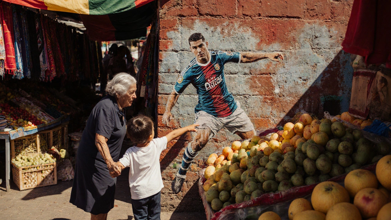 Бабушка с ребенком указывают на фреску Криштиану Роналду на стене в мексиканском рынке.