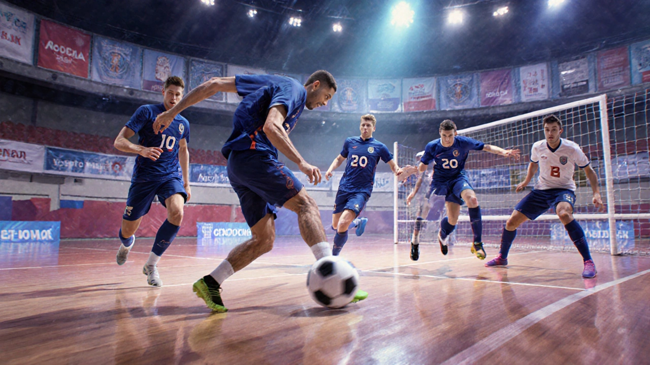 Быстрая игра в мини-футбол на гладком покрытии, пять игроков в движении, мяч близко к земле, яркий свет изнутри зала.