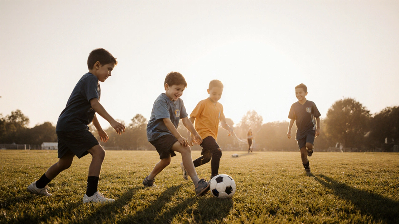 Дети с аутизмом играют в адаптивный футбол на траве при золотом часе, без судей, в тихой, спокойной атмосфере.
