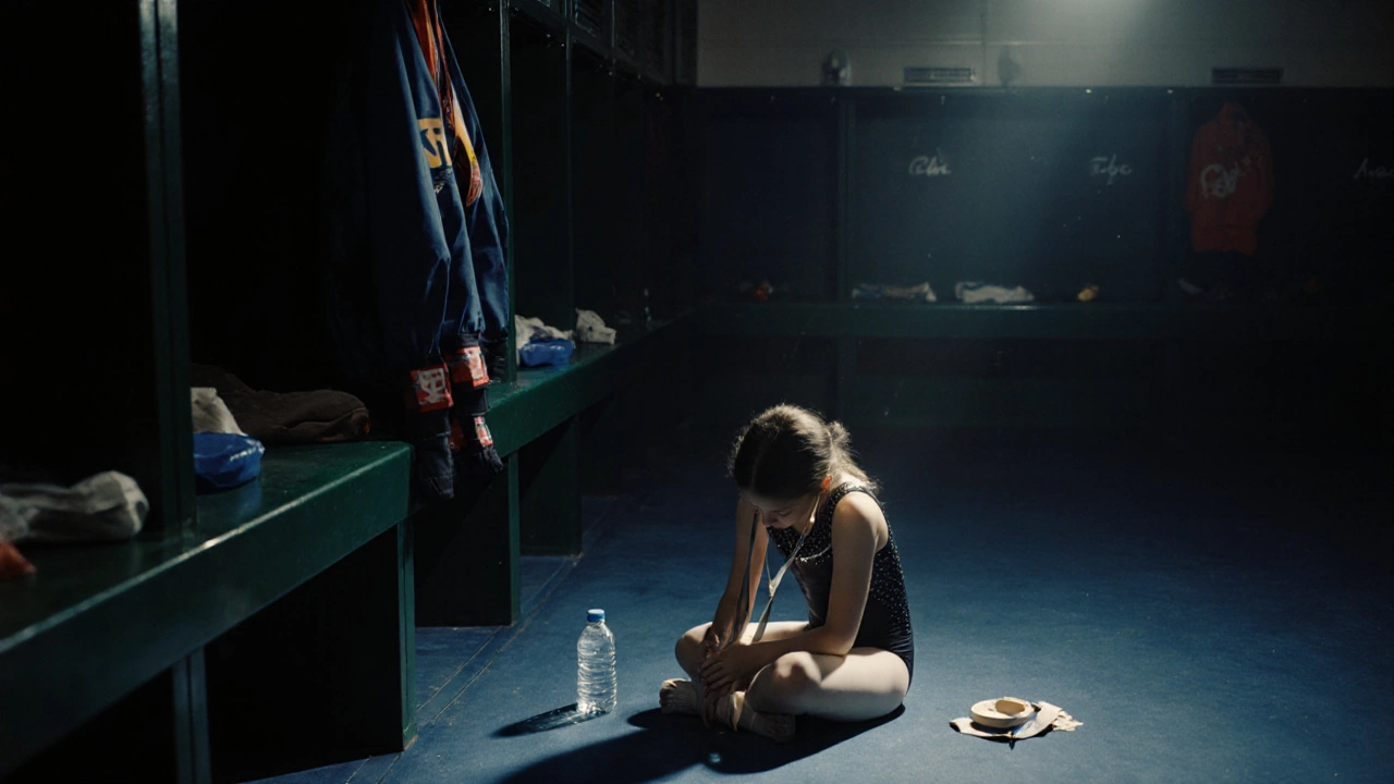 Девочка сидит на полу в раздевалке, держит треснувшую медаль, вокруг тишина и тени.