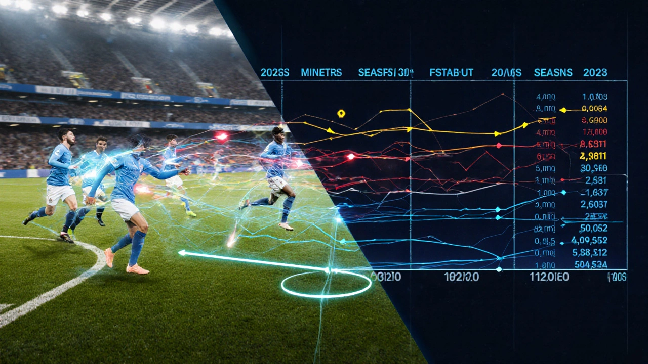 Динамичная схема движения игроков Manchester City с метриками скорости и нагрузки, наложенными на футбольное поле.