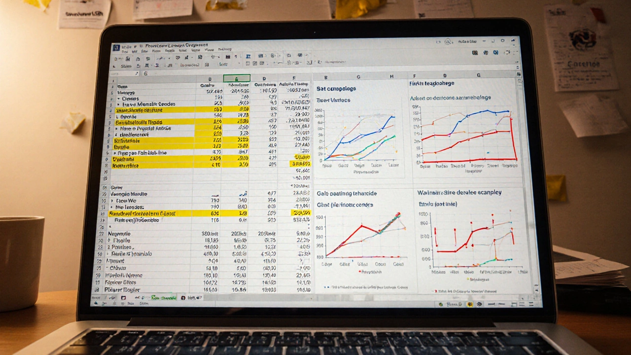 Экран с таблицей статистики лиг, распечатанные графики на стене, детализированные данные о домашних и выездных матчах.