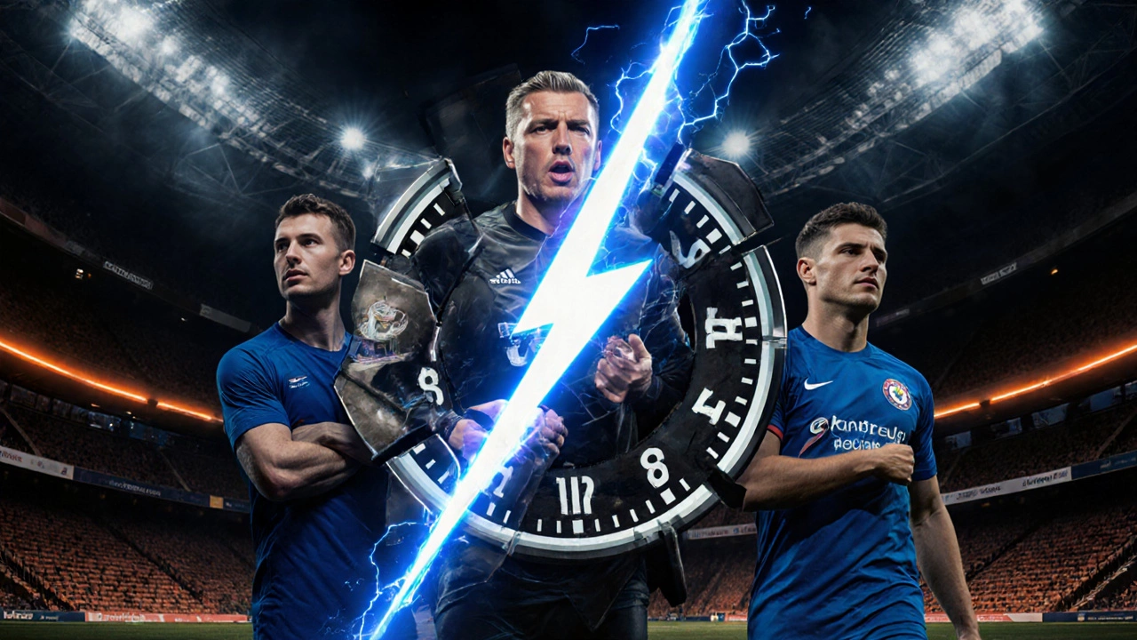 Эрлинг Холланд как молния, разрывающая часы, рядом силуэты легенд АПЛ.