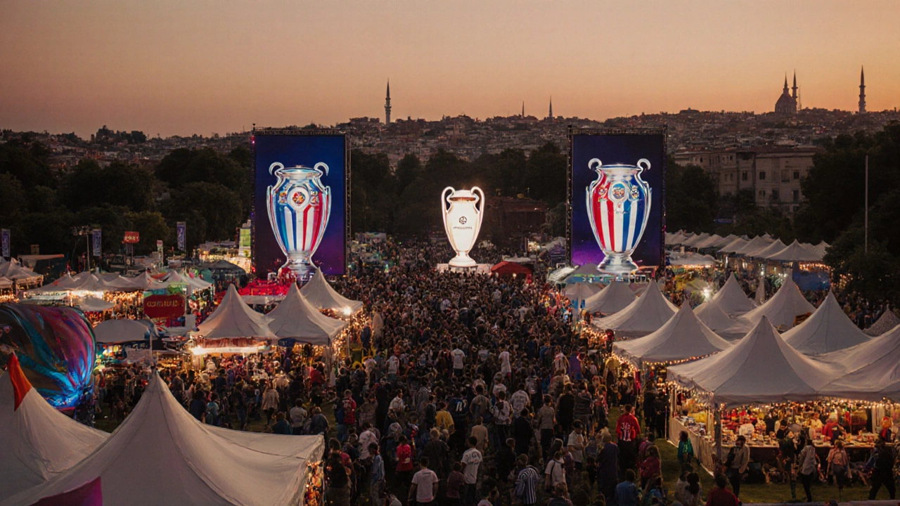 Футбольная деревня в Стамбуле с фанатами, экспозициями трофеев и турецкой едой за два дня до финала Лиги Чемпионов.