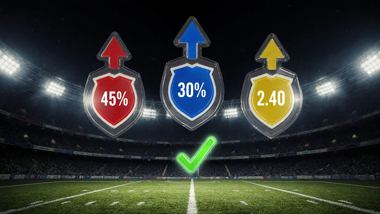 Футбольное поле с цветовыми зонами вероятностей и нависающими коэффициентами, один из них выделен как выгодная ставка.