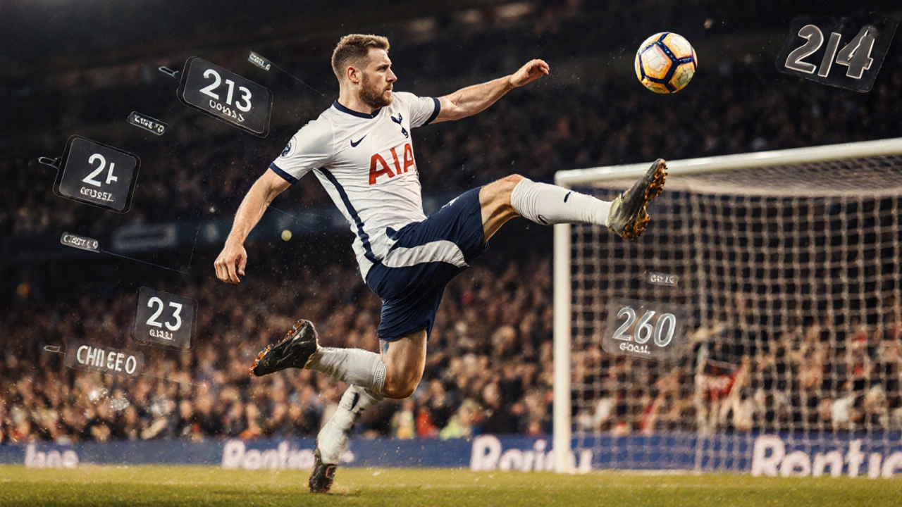 Гарри Кейн забивает головой, в воздухе числа его голов и путь к рекорду.