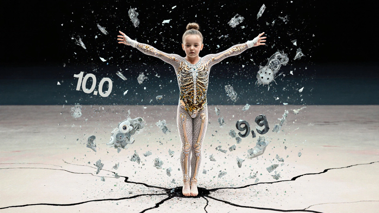 Хрупкое тело гимнастки, изображённое как сложный механизм, с падающими баллами вокруг.
