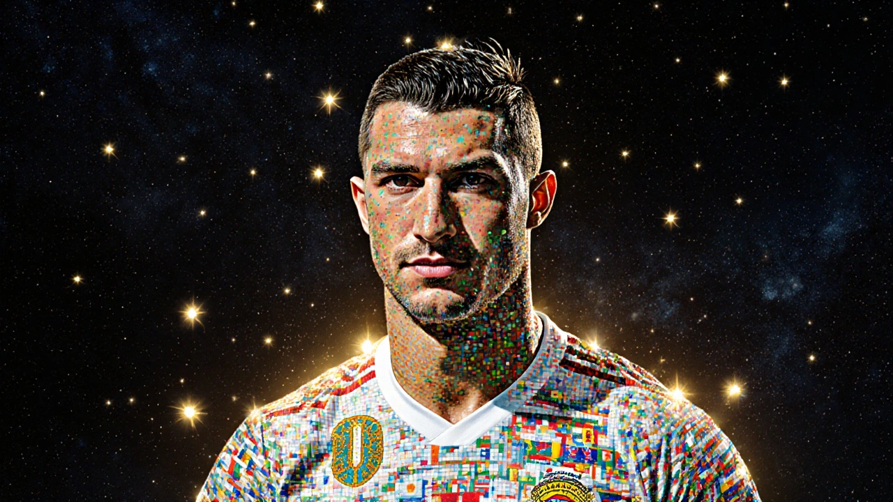 Лицо Роналду, составленное из флагов 120 стран, светится в космосе как культурный символ.