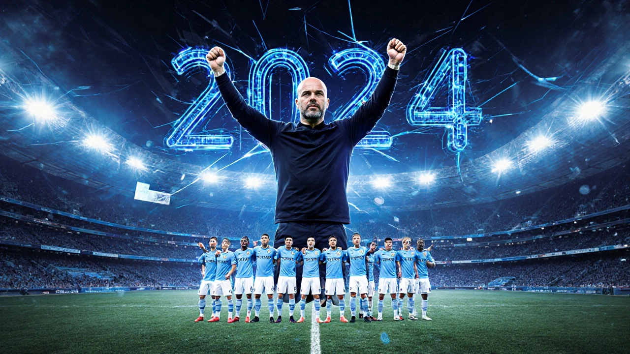 Манчестер Сити празднует чемпионство в 2024 году под неоновыми огнями.