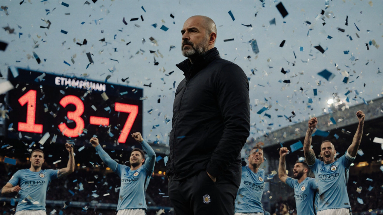 Manchester City players celebrating a title win as the scoreboard shows 13-7 against Manchester United.