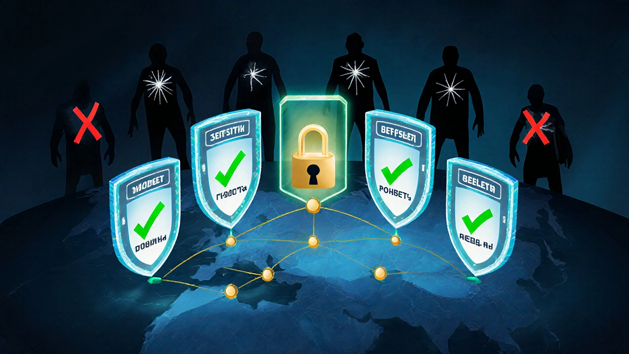 Пять легальных букмекеров с зелеными галочками над картой России, фейковые конторы в тени.