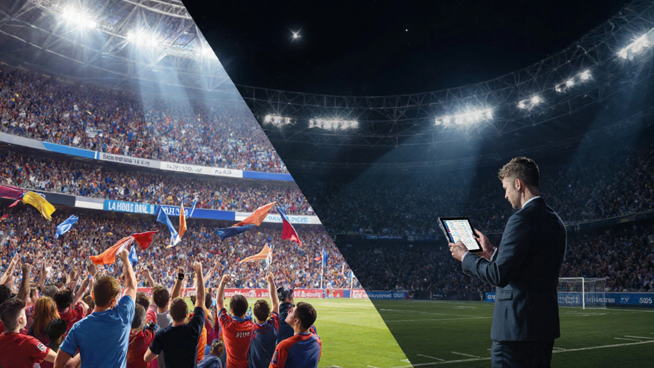 Разделённый экран: толпа болельщиков с низкими коэффициентами и одинокий аналитик с высокими коэффициентами.