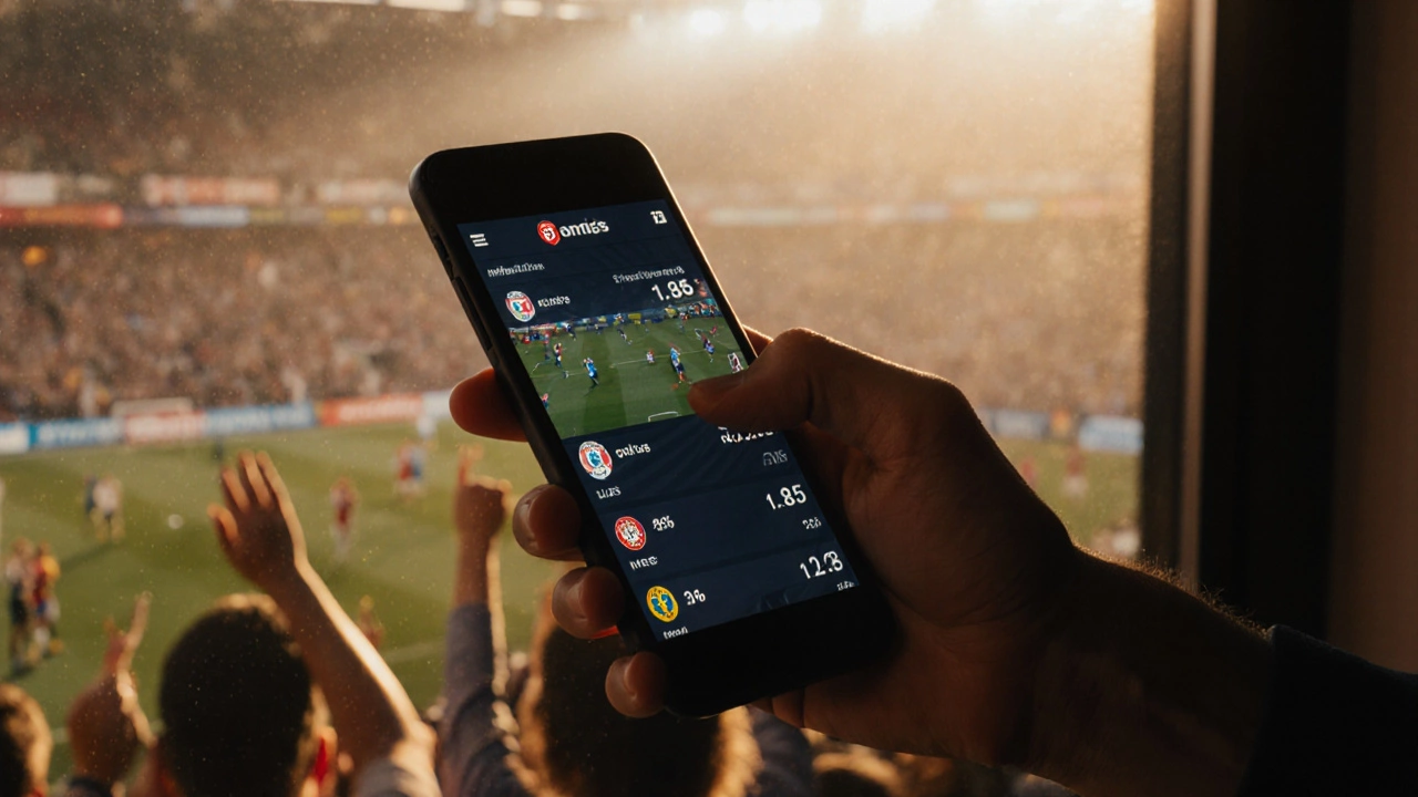 Рука делает ставку на футбол через смартфон с отображением коэффициентов.