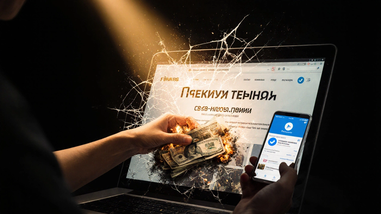 Рука вытаскивает деньги с фейкового сайта, которые превращаются в пепел.