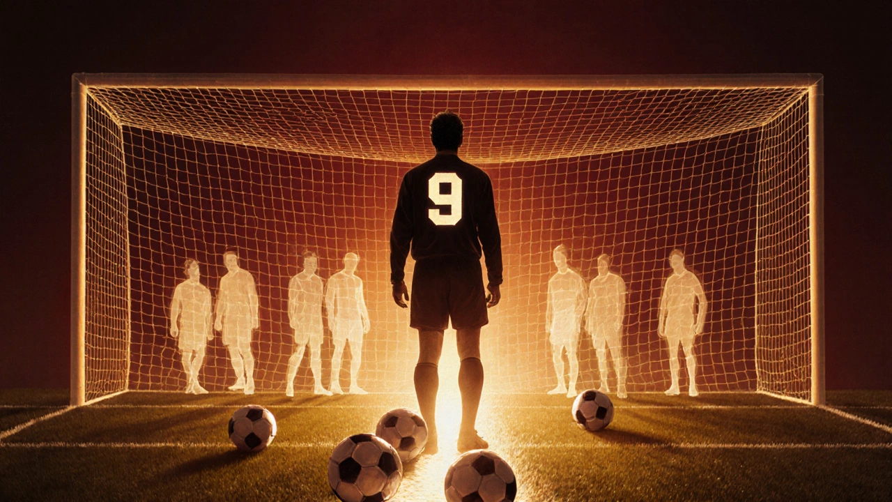Силуэт легендарного нападающего с траекторией мячей, ведущей к воротам, в художественной живописи.