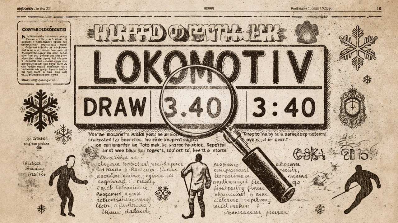 Старинный спортивный бюллетень с коэффициентами матча, увеличительное стекло над ничьей и символами погоды и травм.
