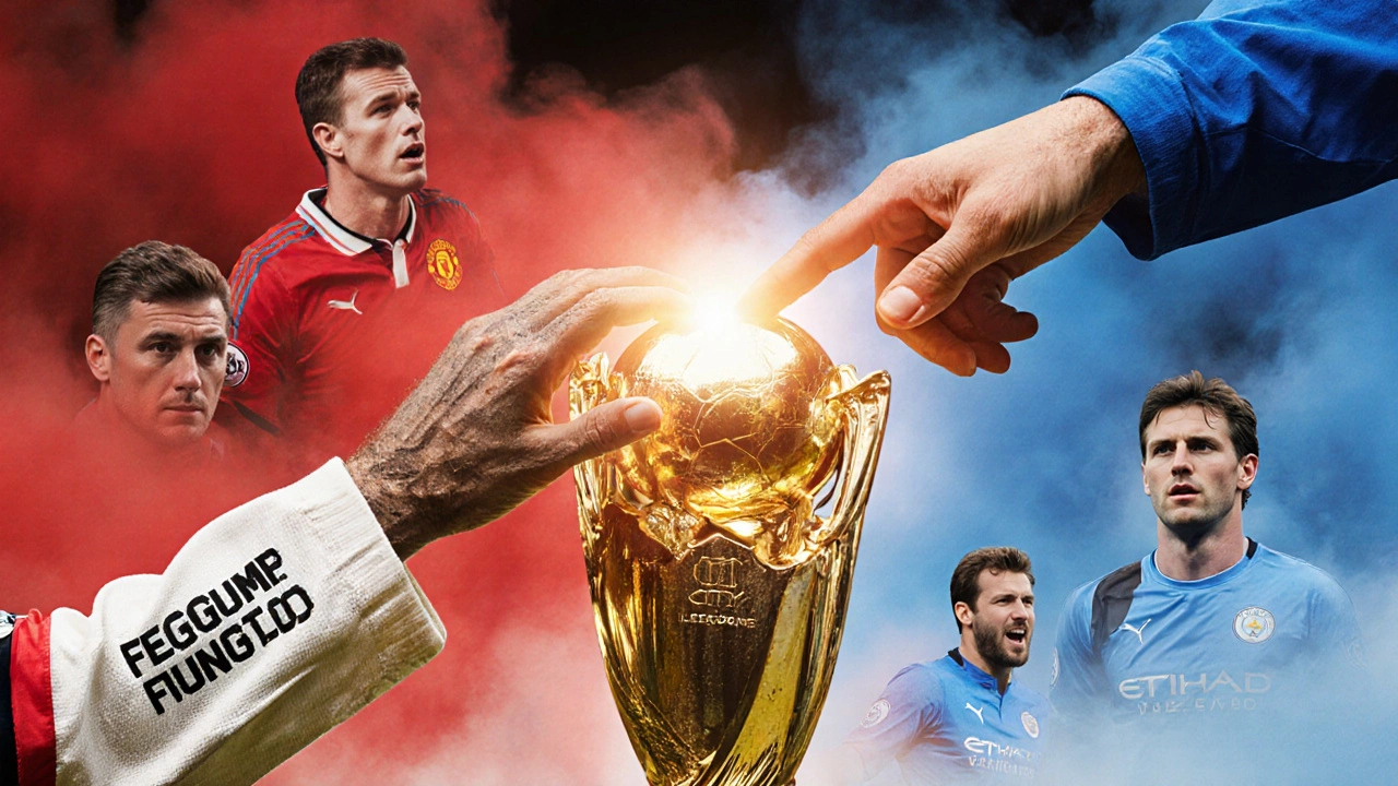 Two hands reaching for a golden trophy, one from Manchester United, the other from Manchester City.