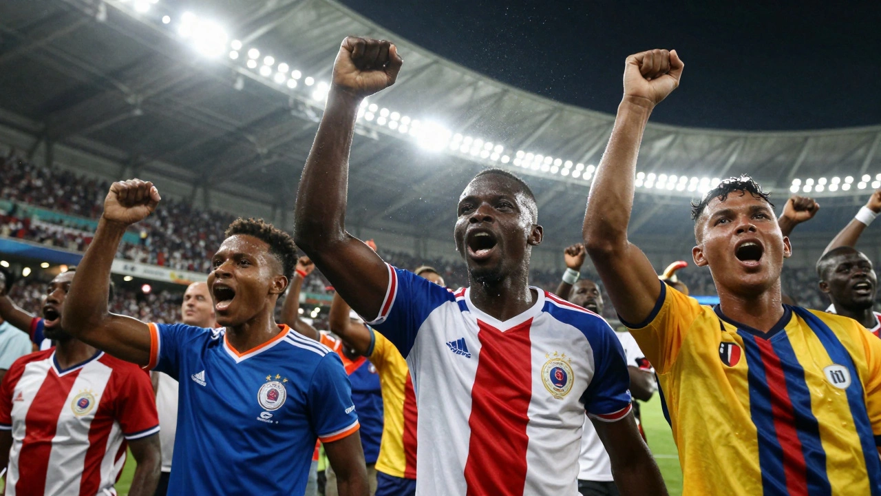 An intense football match between an African and European team in a packed stadium under floodlights.