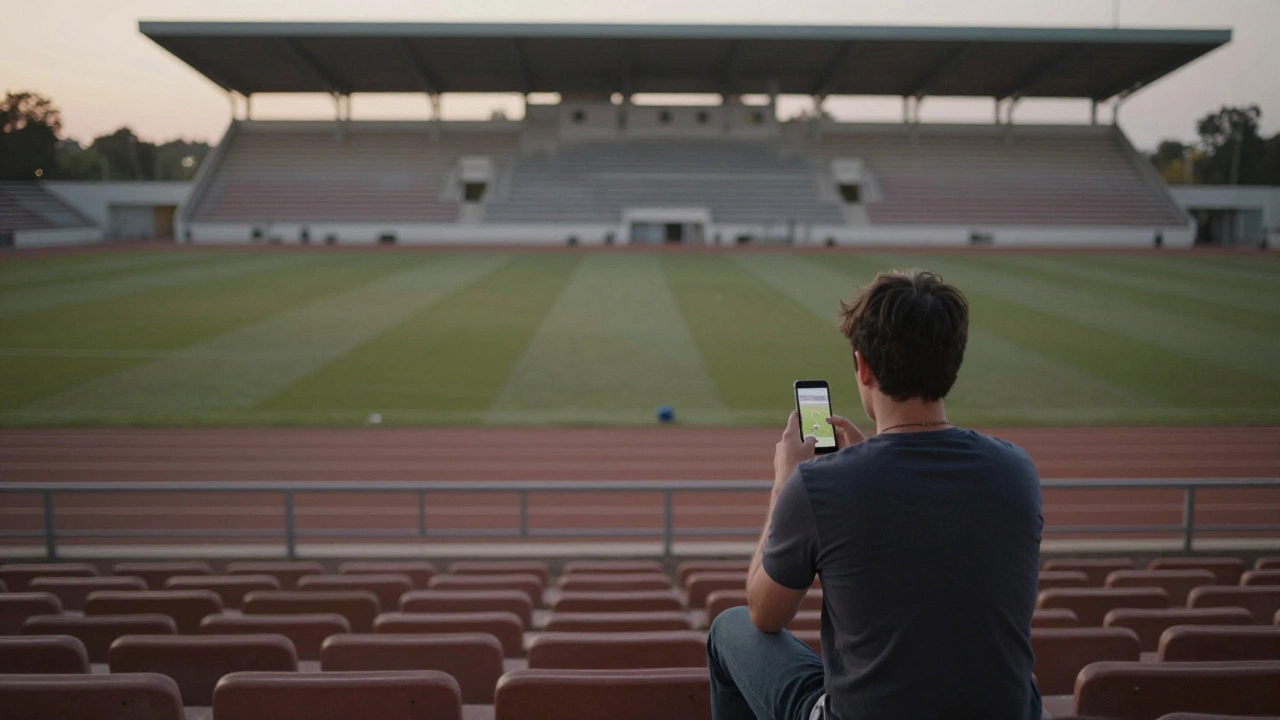 Человек спокойно смотрит футбольный матч на телефоне в пустом стадионе на рассвете.