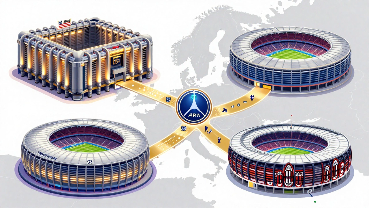 Четыре европейских стадиона — Мадрид, Мюнхен, Париж и Милан — в художественном стиле с подсветкой и силуэтами болельщиков, ведущих к финалу в США.