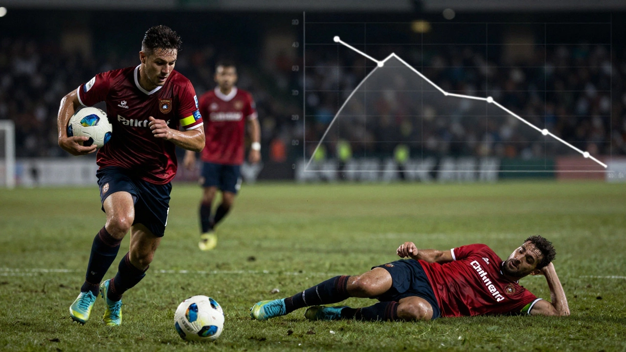 Два футболиста: один в атаке, другой в упадке — контраст между началом и концом матча.