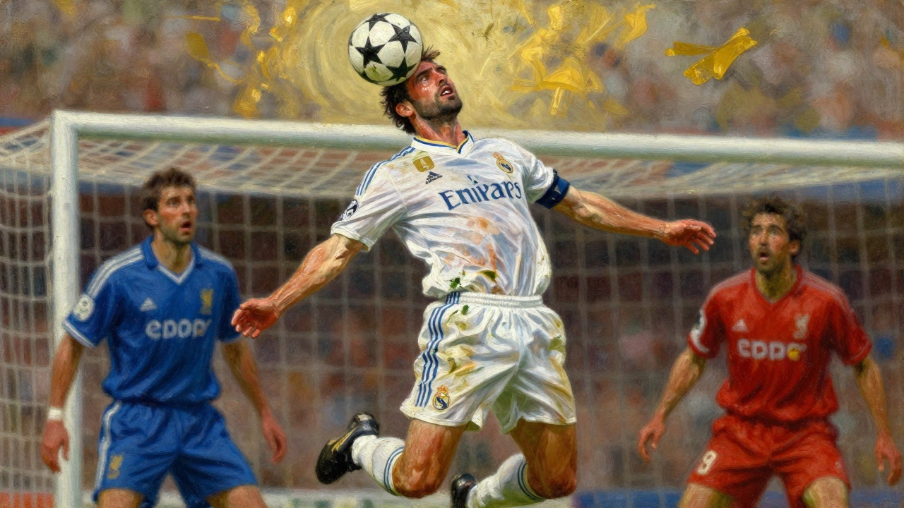 Фернандо Иерро забивает головой в финале Лиги чемпионов 2002 года против Ливерпуля.