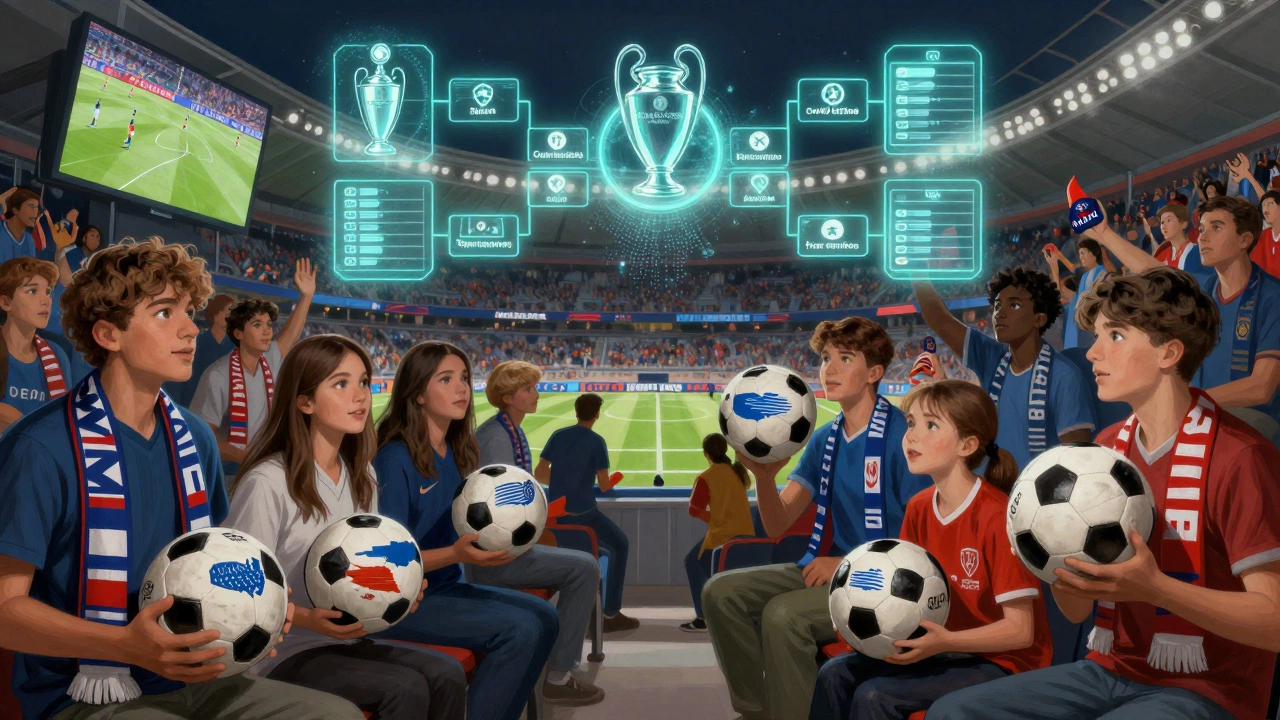 Глобальный финал Лиги чемпионов 2026: европейские и американские болельщики вместе в стадионе, с голографическими элементами турнира и 36 клубами.