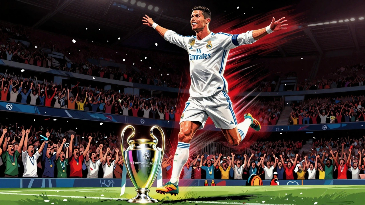 Криштиану Роналду празднует гол в финале Лиги чемпионов 2014 года за Реал Мадрид.