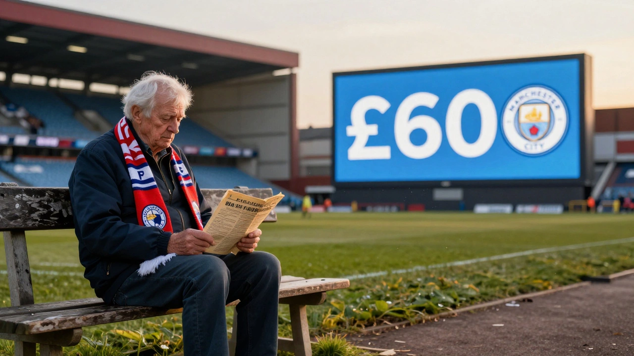 Пожилой болельщик в старом свитере смотрит на матч, а позади него — яркий экран с цифрами бюджета современного клуба.