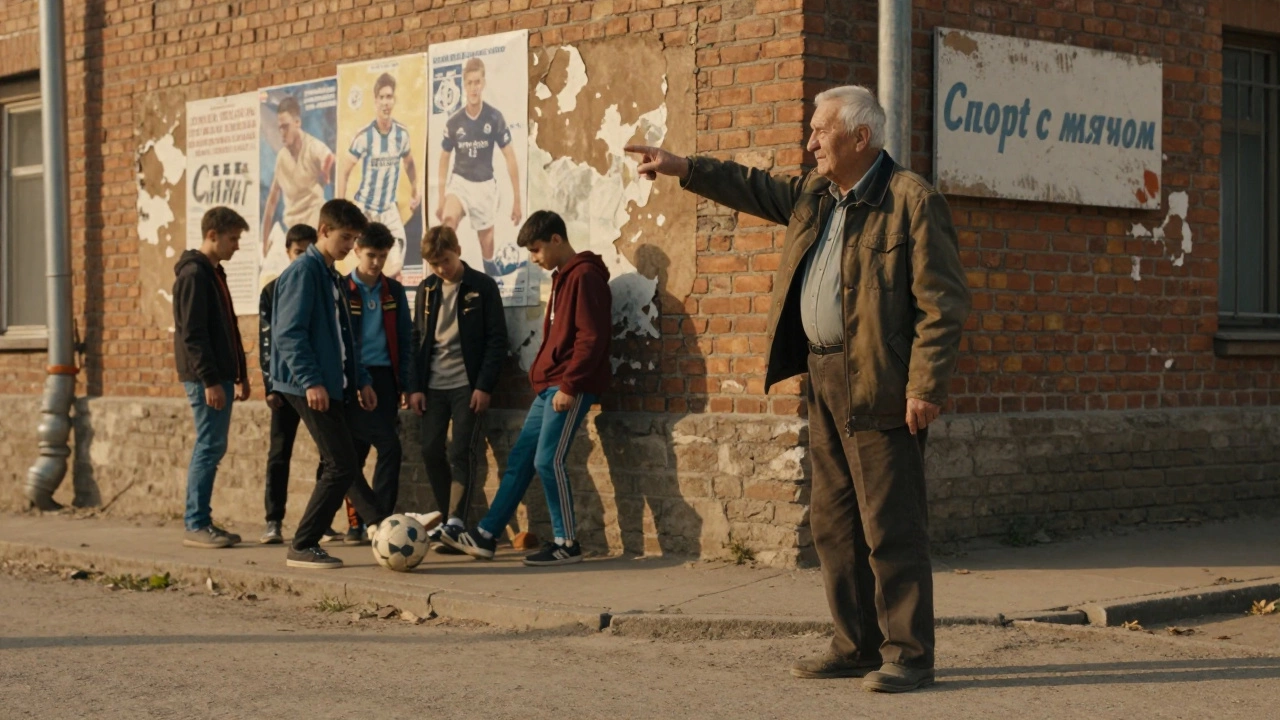 Пожилой мужчина указывает на подростков, играющих в мяч на улице, стены с плакатами.