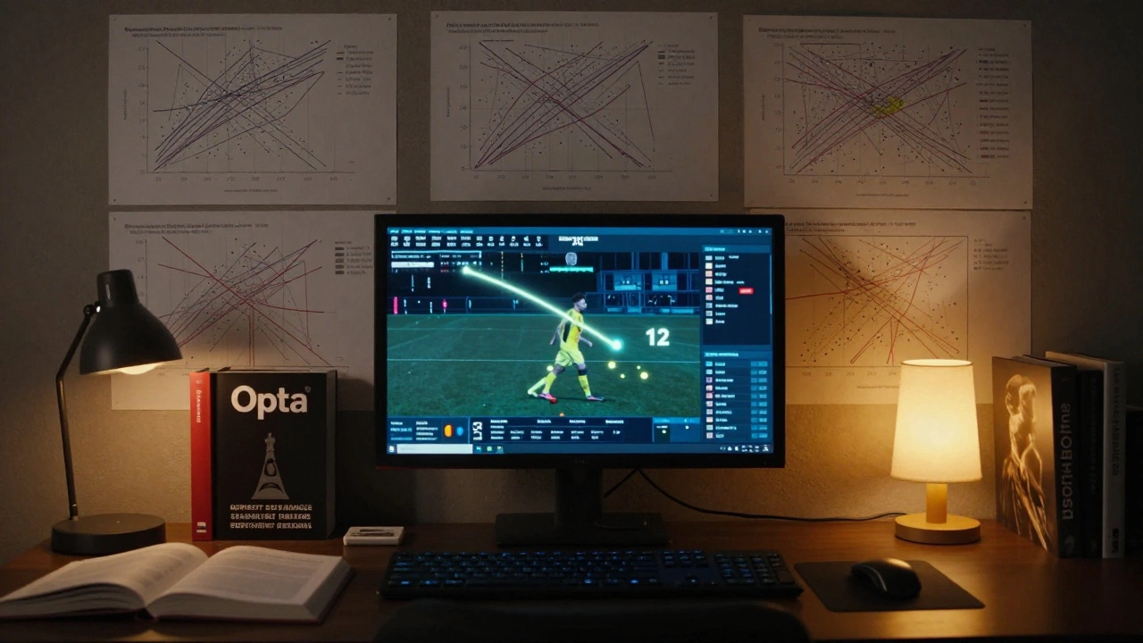 Скаут анализирует статистику игрока с высоким xG, но низким количеством голов на экранах в офисе.