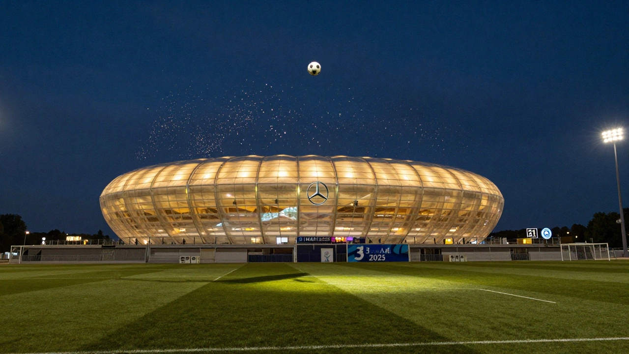 Стадион Мерседес-Бенц Арена в Берлине вечером, золотой свет, тысячи светящихся огоньков, футбольный мяч в воздухе.