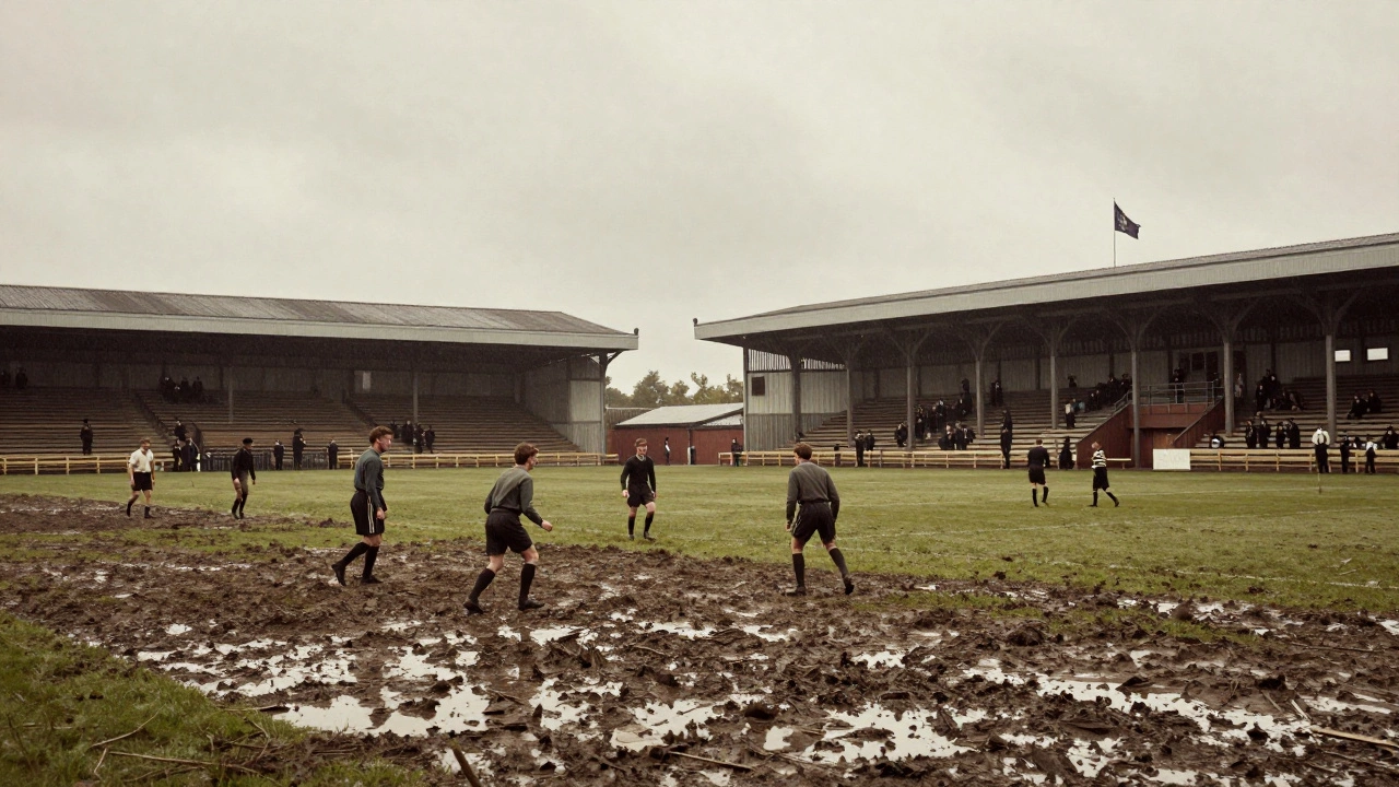 Старинное футбольное поле с игроками в викторианской форме, зрителями в шляпах и деревянными трибунами под серым небом.