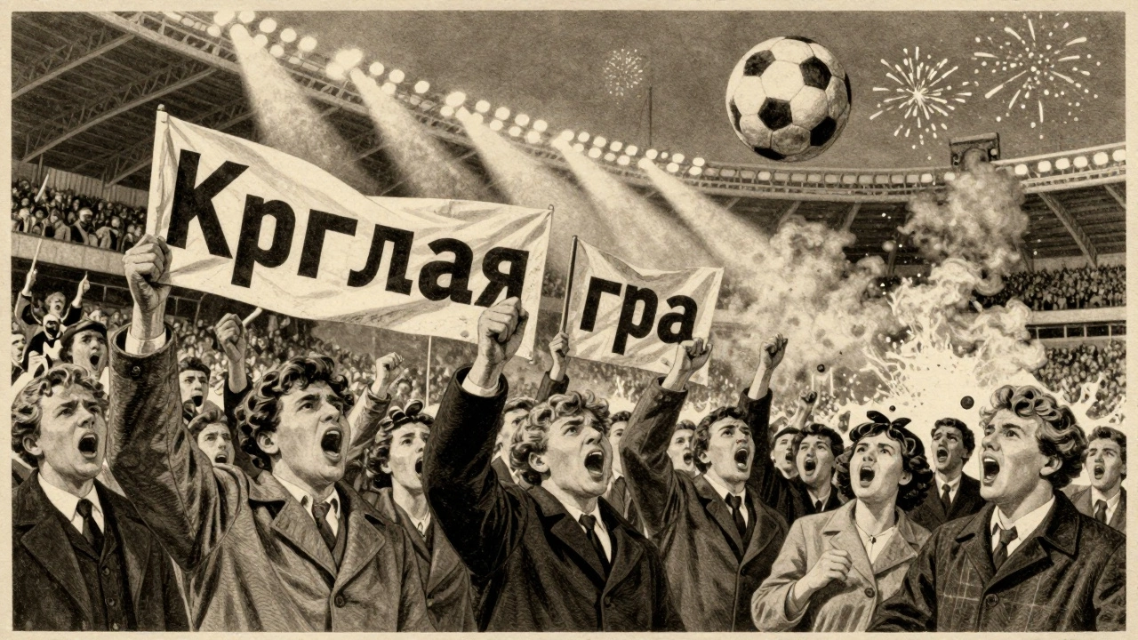 Толпа болельщиков в стадионе 1990-х с плакатами 'Круглая игра', мяч в воздухе.