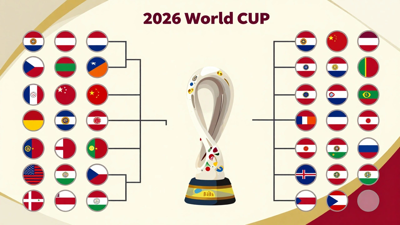 Visual representation of the 2026 World Cup format with six groups of eight teams leading to a 32-team knockout stage.