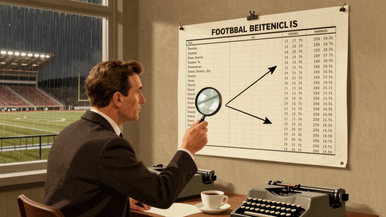 Аналитик в стиле 70-х с лупой над таблицей футбольных данных и статистикой.